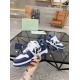 Off-White Out Office Leather Trainers White Royal Blue Handheld Profile Off-White Out Office Leather Trainers White Royal Blue handheld lateral perspective display