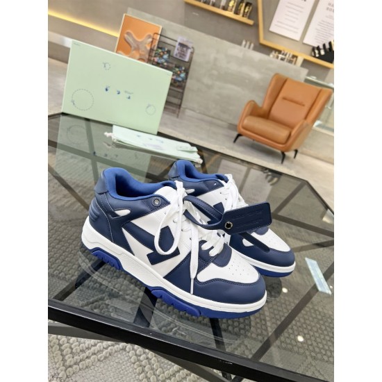 Off-White Out Office Leather Trainers White Royal Blue Pair View Off-White Out Office Leather Trainers White Royal Blue pair on glass table displaying zip tie tag