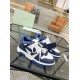 Off-White Out Office Leather Trainers White Royal Blue Pair View Off-White Out Office Leather Trainers White Royal Blue pair on glass table displaying zip tie tag