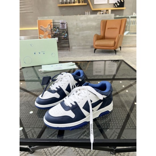 Off-White Out Office Leather Trainers White Royal Blue Front View Off-White Out Office Leather Trainers White Royal Blue elevated front perspective on table