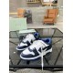 Off-White Out Office Leather Trainers White Royal Blue Front View Off-White Out Office Leather Trainers White Royal Blue elevated front perspective on table