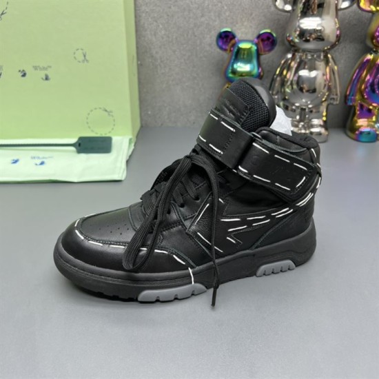 Single Off-White High Top Black Leather Trainer viewed from the side with ankle strap detail
