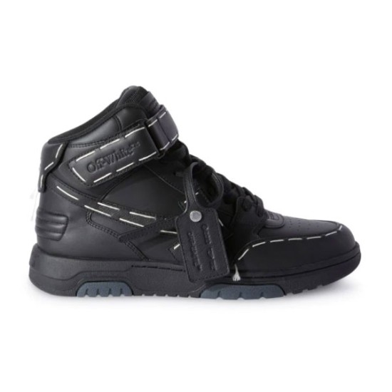 Off-White High Top Black Leather Trainers profile view showing white sartorial stitching and tag