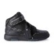 Off-White High Top Black Leather Trainers profile view showing white sartorial stitching and tag