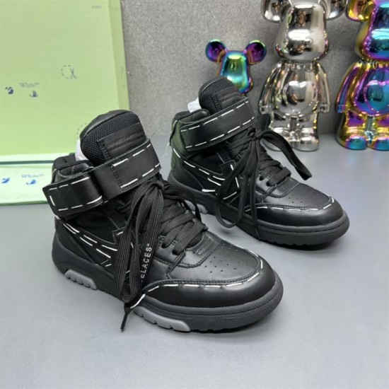 Pair of Off-White High Top Black Leather Trainers displayed from an angled front perspective