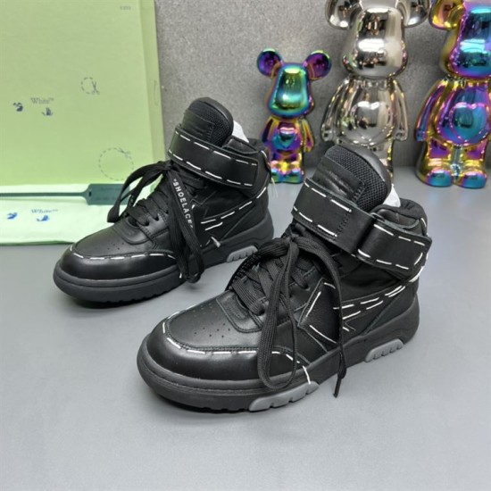Front oblique shot of Off-White High Top Black Leather Trainers showcasing laces and toe box