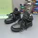 Front oblique shot of Off-White High Top Black Leather Trainers showcasing laces and toe box