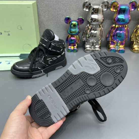 Underside of Off-White High Top Black Leather Trainer highlighting the tread pattern and outsole design
