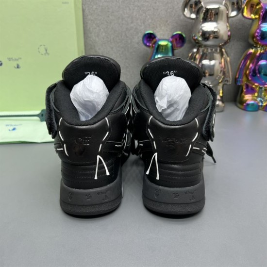 Rear view of Off-White High Top Black Leather Trainers showing heel construction and embossed logos