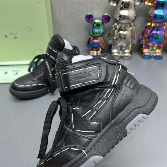 Close-up profile of Off-White High Top Black Leather Trainer showing arrow motif and stitching