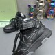 Close-up profile of Off-White High Top Black Leather Trainer showing arrow motif and stitching