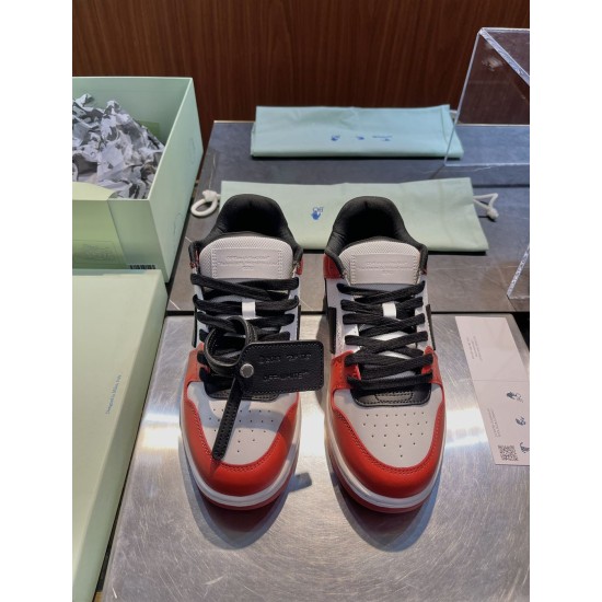 Front top-down view of Off-White Out Of Office Ooo Trainers showing black laces and zip tie in off-white and red