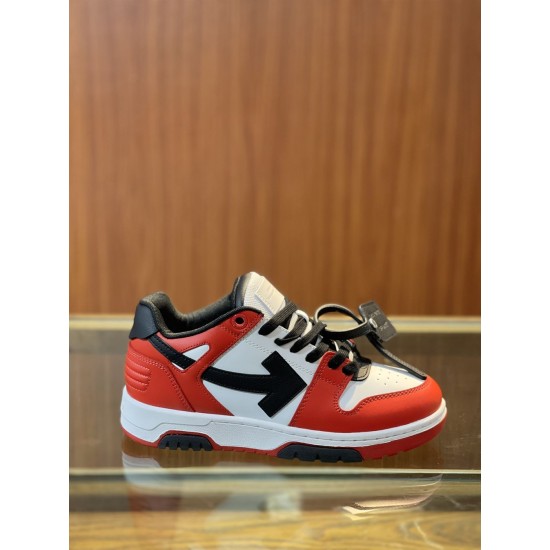 Side profile of Off-White Out Of Office Ooo Red White Black Trainer on glass shelf