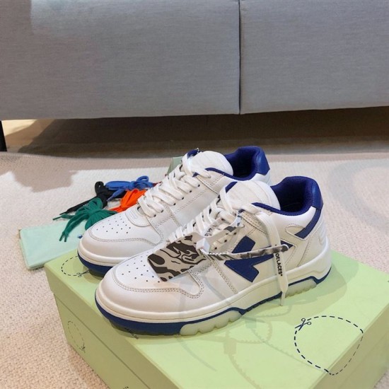 Off-White Out Of Office Trainers on Box Packaging Pair of Off-White Out Of Office white and blue trainers sitting on top of their shoebox