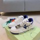 Off-White Out Of Office Trainers on Box Packaging Pair of Off-White Out Of Office white and blue trainers sitting on top of their shoebox