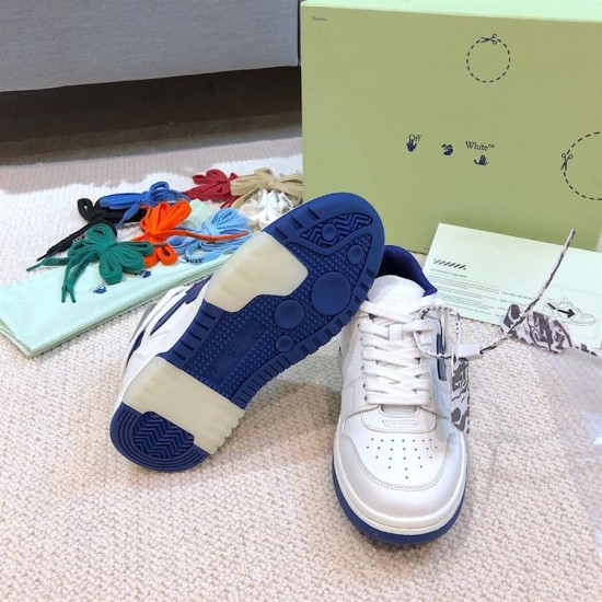 Off-White Out Of Office Trainer Rubber Sole View Bottom outsole view of the Off-White Out Of Office white and blue trainer displaying grip tread pattern