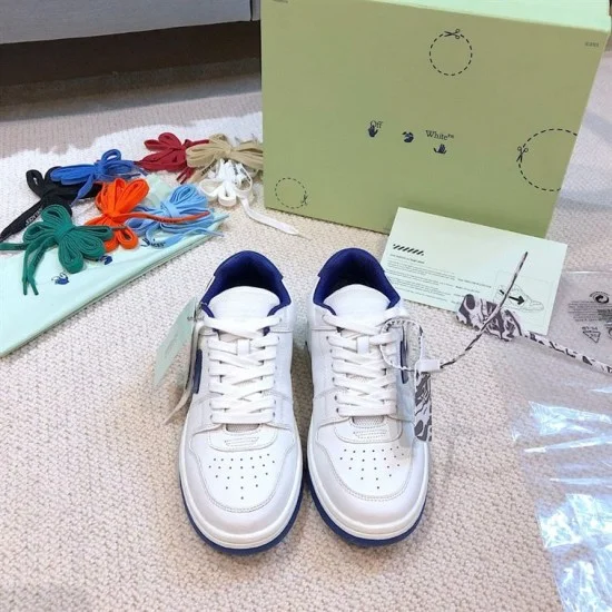 Off-White Out Of Office Trainers Overhead View White Blue Top-down view of white and blue Off-White Out Of Office trainers paired with shoebox and extra laces