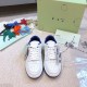 Off-White Out Of Office Trainers Overhead View White Blue Top-down view of white and blue Off-White Out Of Office trainers paired with shoebox and extra laces