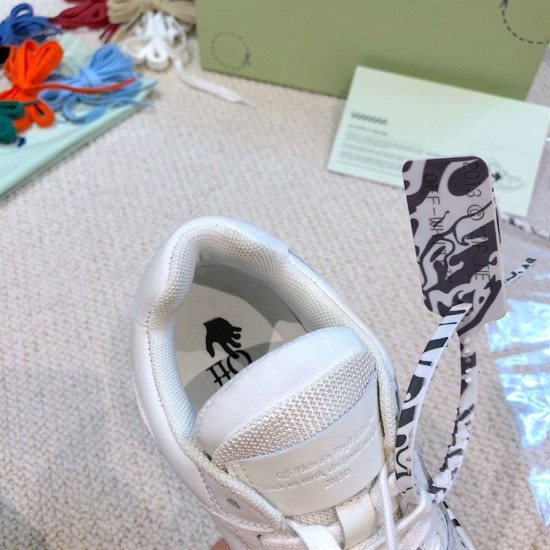 Off-White Out Of Office Trainer Tongue and Collar Detail Close-up view of the padded tongue and interior lining of Off-White Out Of Office white blue trainer