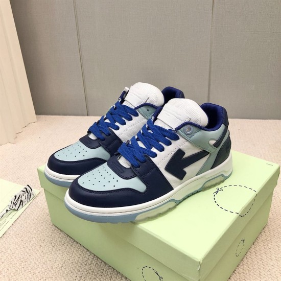 Off-White Out Of Office Blue Leather Trainers Pair View Pair of Off-White Out Of Office blue leather trainers resting on green shoe box