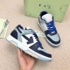Off-White Out Of Office Blue Trainer Side Profile Hand holding Off-White Out Of Office blue trainer showing side arrow motif