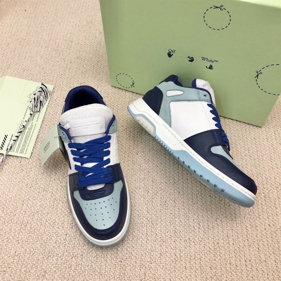 Off-White Out Of Office Blue Leather Trainers Front Angle Front and inner side view of Off-White Out Of Office blue leather trainers