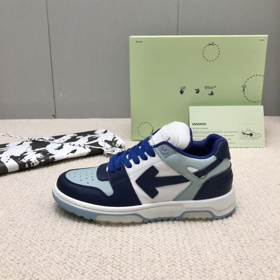 Off-White Out Of Office Blue Trainer Lateral View Lateral view of single Off-White Out Of Office blue trainer on plain carpet