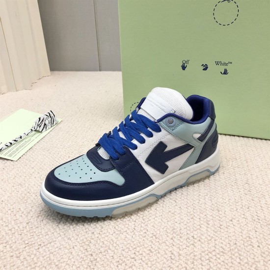 Off-White Out Of Office Blue Trainer Three-Quarter View Three-quarter front view of Off-White Out Of Office blue trainer with laces
