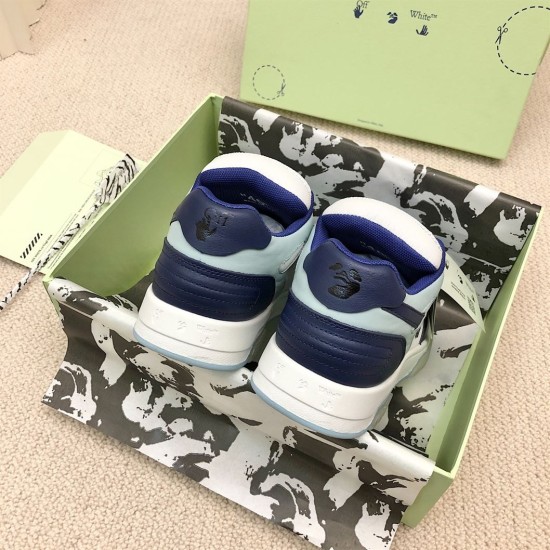 Off-White Out Of Office Blue Trainers Heel View Rear view of Off-White Out Of Office blue trainers inside shoe box showing heel logos