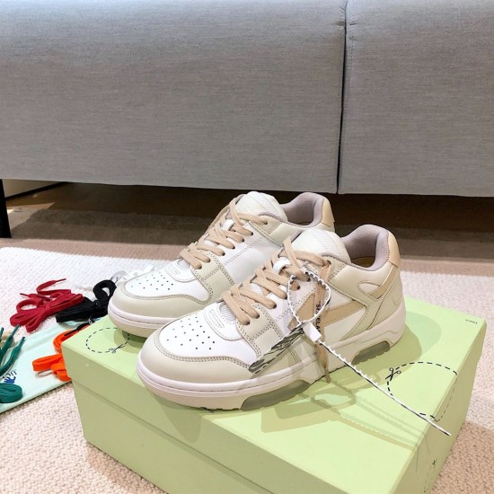 Off-White Out Of Office Trainers on Box Off-White Out Of Office white and beige trainers sitting on a shoe box