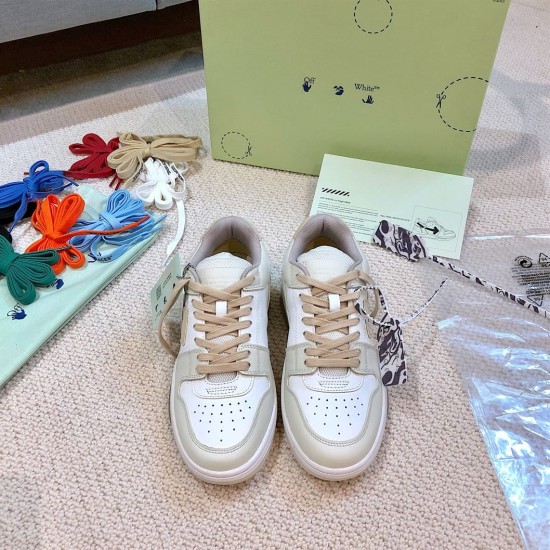 Off-White Out Of Office Trainers Top View Top-down pair view of Off-White Out Of Office white and beige leather trainers