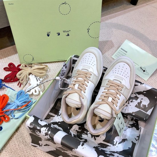 Off-White Out Of Office Trainers Packaging View Pair of Off-White Out Of Office white and beige trainers inside green shoebox