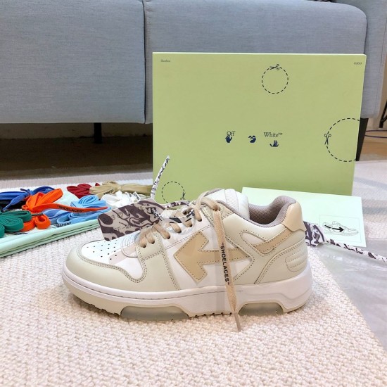 Off-White Out Of Office Trainer Arrow Detail Lateral view of Off-White Out Of Office white and beige trainer showing arrow motif