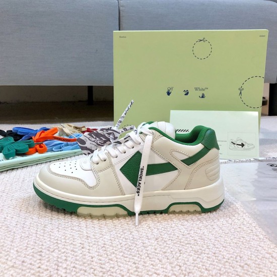 Off-White Out Of Office White Green Trainer Profile Off-White Out Of Office trainer lying flat beside green accent laces