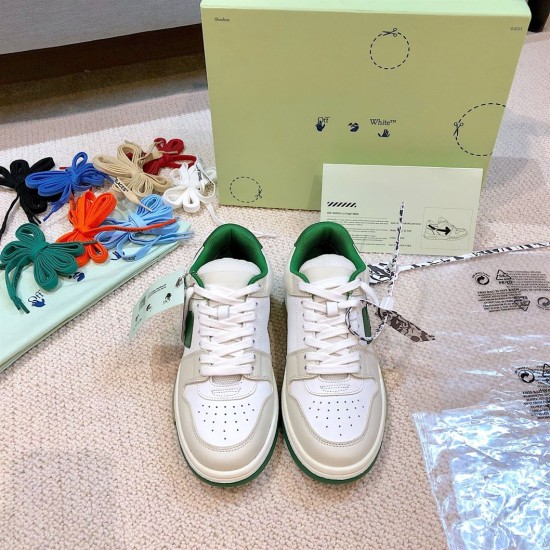 Off-White Out Of Office White Green Trainers Top View Top-down view of Off-White white green trainers with accessories