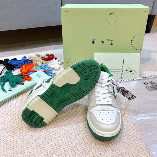 Off-White Out Of Office White Green Trainer Outsole Underside view showing green tread pattern on rubber outsole in off-white and white