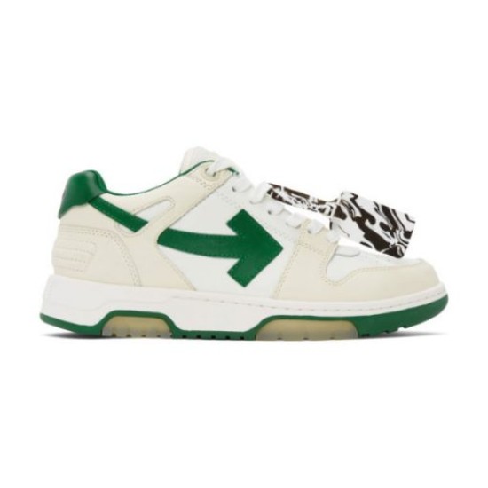 Off-White Out Of Office White Green Trainer Lateral View Lateral side profile of Off-White white green trainer against white background