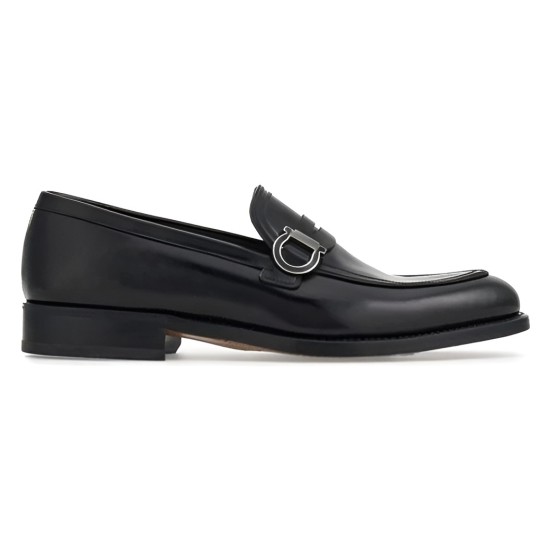 Ferragamo Men's Gancini Plaque Leather Loafers Black side profile view showing smooth uppers and metallic hardware