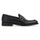 Ferragamo Men's Gancini Plaque Leather Loafers Black side profile view showing smooth uppers and metallic hardware