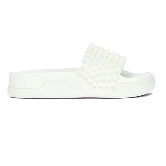 Profile view of Christian Louboutin white spiked pool slides