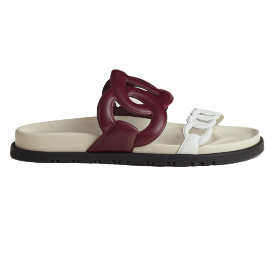 Hermes Flat Sandals Side Profile in White and Red Marsala Hermes flat sandals in white and red marsala viewed from the side
