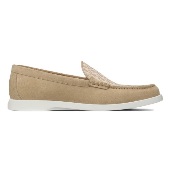 Dior Men's Granville Beige Suede Loafer Side Profile in beige and white Side profile view of Dior Men's Granville beige suede loafer with white rubber sole