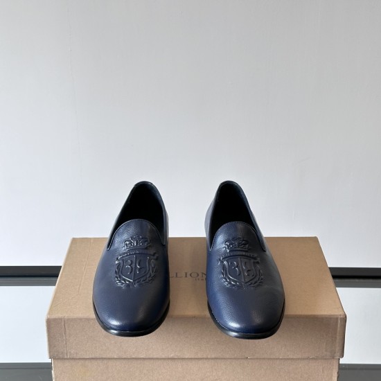 Frontal view of Billionaire Men's Blue Crest Leather Loafers displaying the crest motif on each vamp in blue and dark blue