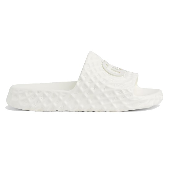 Gucci White Rubber Slide Sandals Profile View Profile view of Gucci white rubber slide sandals featuring textured sides and logo strap