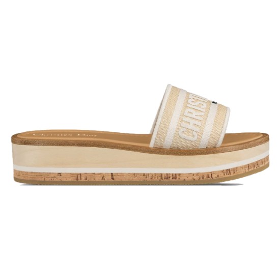 Dior Dway Platform Slides In White And Brown - Side View Side profile of white and brown platform slides showing the thick sole and embroidered strap