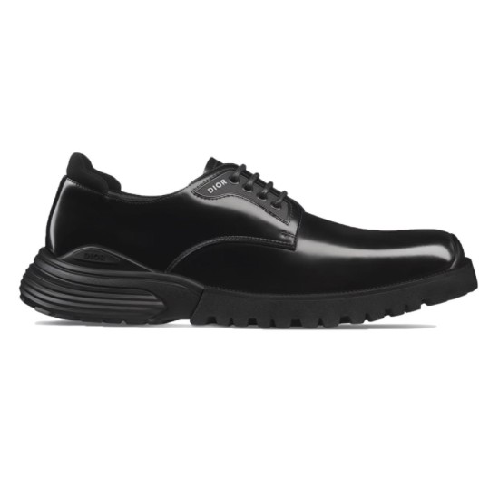 Dior Men's Black Polished Leather Derby Shoe Side View Side profile of Dior men's black polished leather derby shoe showcasing the chunky lug sole