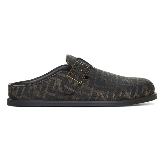 Side profile of Fendi black jacquard slip-on slippers showing buckle detail