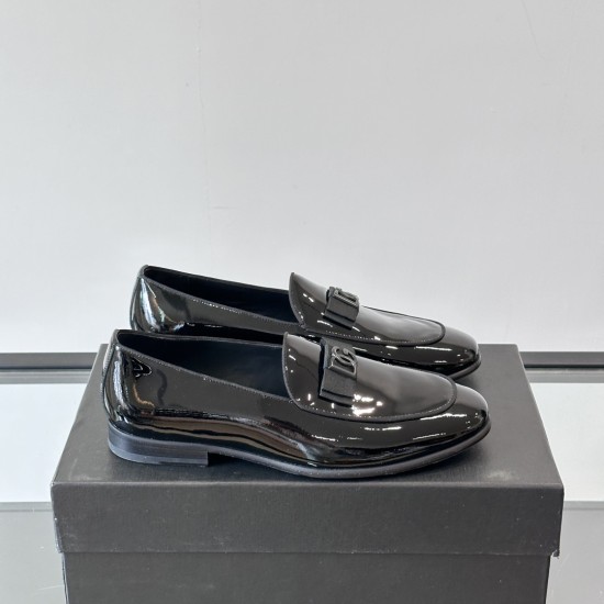 Dolce & Gabbana Men's Black Patent Loafers Side Profile Dolce & Gabbana Men's Black Polished Patent Calfskin Loafers side profile view on box