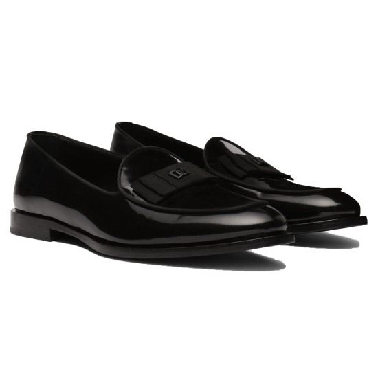 Dolce & Gabbana Men's Black Patent Calfskin Loafers Dolce & Gabbana Men's Black Polished Patent Calfskin Loafers three-quarter side view