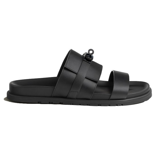 Hermes Jackson Sandals In Black Side View Hermes Jackson Sandals In Black side profile view showing strap and hardware